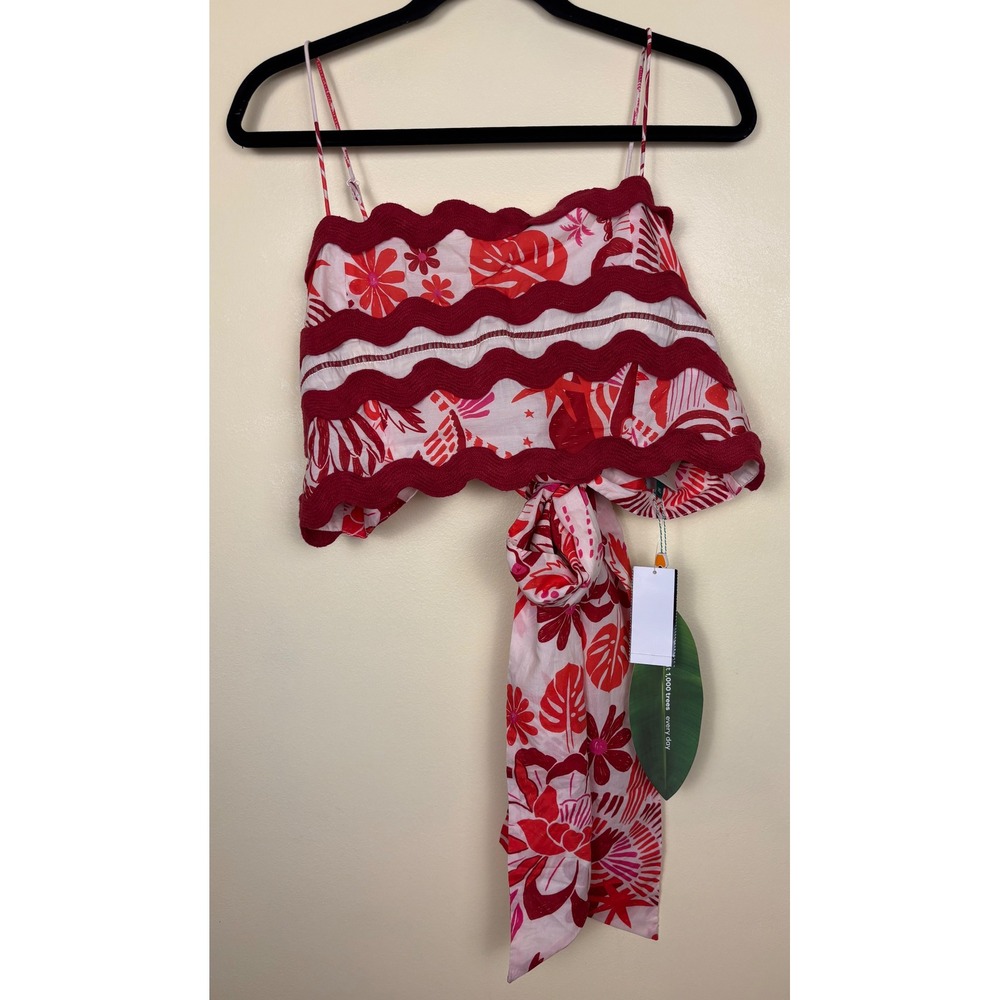 NWT FARM RIO 100% Cotton Tiles Printed Crop Top Red Motif Women Size XL Tie Back - Picture 3 of 13